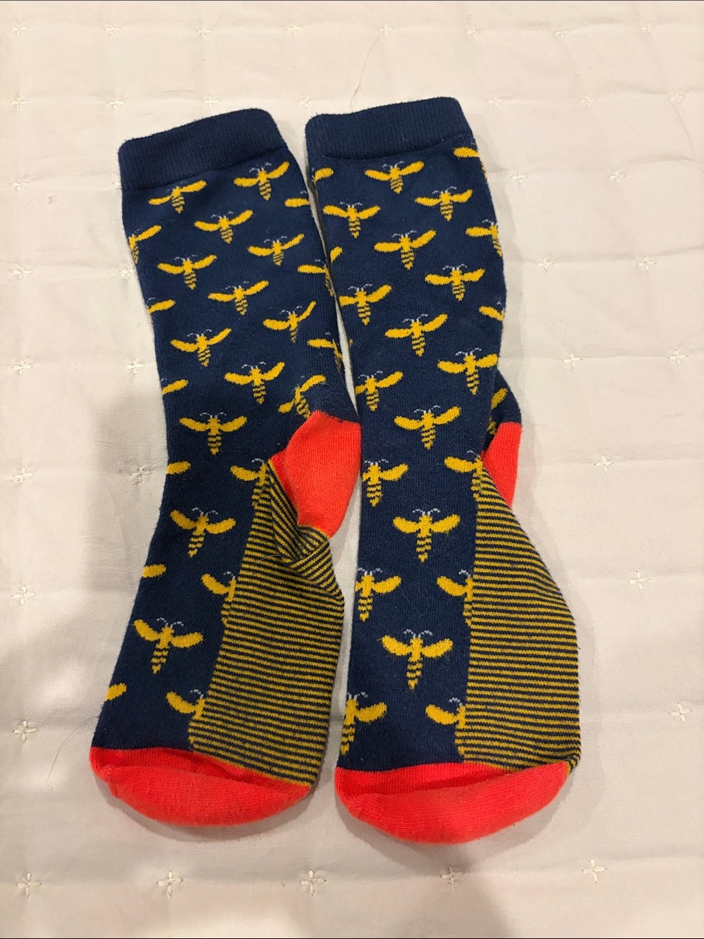 Navy Bee Pattern Crew Socks with Red Accents